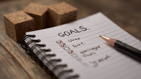 A notebook page showcasing a personal goals list, featuring checked tasks alongside wooden cubes, encouraging motivation and focus in personal development.の素材