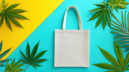 A minimalist canvas tote bag rests on a vibrant blue and yellow background, surrounded by lush green leaves, highlighting eco-conscious fashion and summer enjoyment.の素材