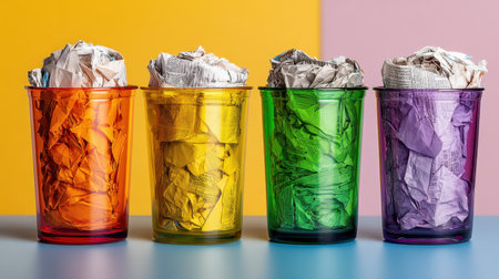 A striking photo of four colorful bins filled with crumpled paper, ideal for representing recycling, waste management, and eco-friendly practices in a modern environment.の素材