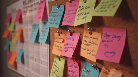 A vibrant collection of sticky notes arranged on a cork board showcases reminders, tasks, and motivational phrases, perfect for enhancing workplace organization and creativity.の素材