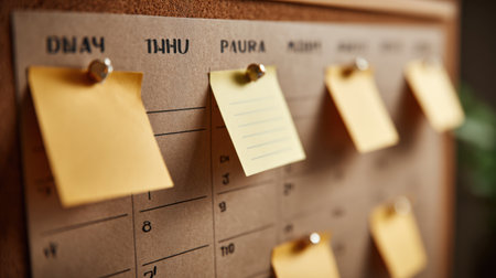 A close-up view of an organized wall calendar displaying sticky notes for reminders and tasks. Ideal for productivity, planning, and creative workspaces.の素材