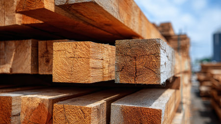 A vivid scene showcasing neatly stacked lumber planks under bright sunlight against a backdrop of a clear blue sky, emphasizing the raw beauty of wood.の素材