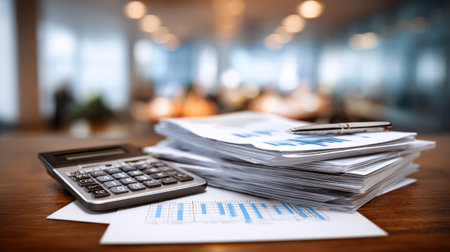 A close-up view of a calculator, pen, and financial documents laid on a wooden desk, showcasing an organized workspace suitable for business analysis and planning.の素材