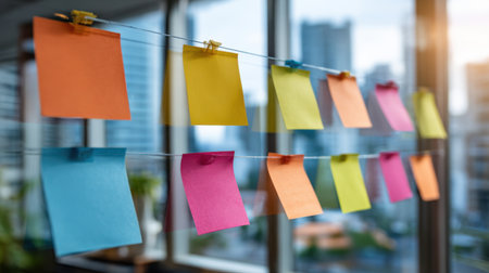 Colorful sticky notes hang neatly on a string in a modern office, showcasing a vibrant workspace with a stunning city skyline through the windows.の素材