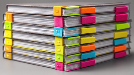 A colorful stack of notebooks showcases bright page markers, perfect for organizing notes and enhancing creativity in any education or office setting.の素材
