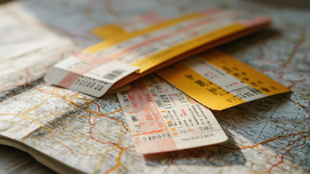 A captivating scene featuring train tickets arranged on an open map, symbolizing the excitement of planning your next adventure and exploration.の素材