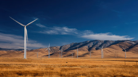 A picturesque view of a wind farm sprawling across golden prairie land. The wind turbines gently rotate under a pure blue sky, bordered by a majestic mountain range.の素材