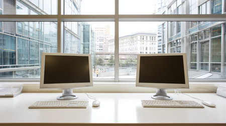A spacious modern office featuring two desktop computers with blank screens. Large windows provide a view of a vibrant urban environment, creating a serene workspace.の素材