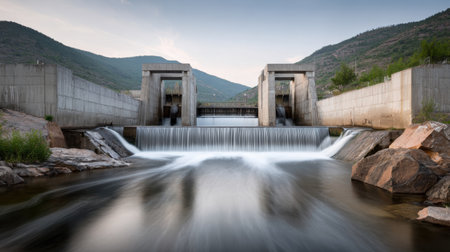 A stunning view of a modern water dam surrounded by mountains, featuring a cascading waterfall and serene river flow, perfect for nature lovers.の素材