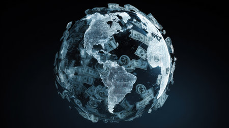This digital illustration showcases a globe surrounded by floating currency notes, symbolizing the global flow of money and financial transactions within the economy.の素材