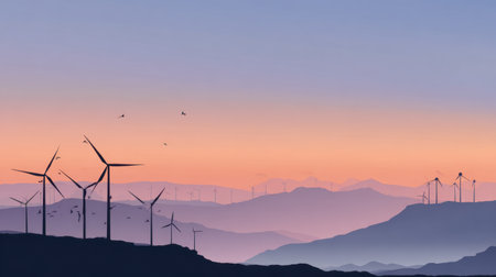 This stunning image captures wind turbines silhouetted against a colorful twilight sky, showcasing the harmony of technology and nature in a serene landscape.の素材