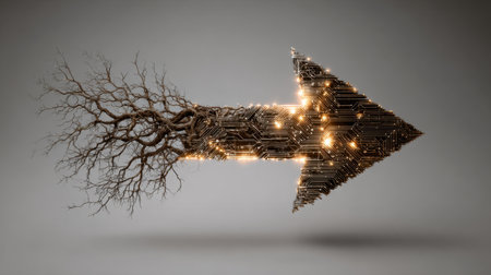 This striking image features an arrow constructed from circuit patterns and organic tree branches, symbolizing the fusion of nature and technology.の素材