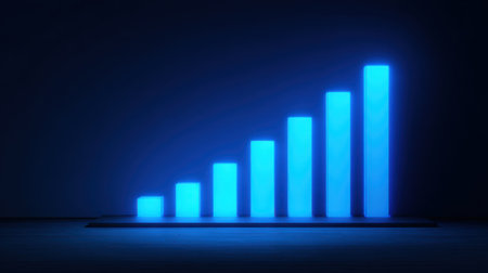 This image features a digital bar graph in blue light representing growth and progress. The sleek design against a dark background emphasizes business success and analytical insights.の素材
