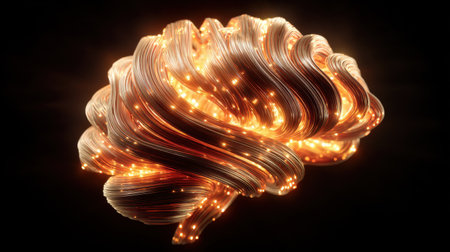 This stunning 3D rendering depicts a brain model made of twisting fibers, illuminated by glowing elements against a dark backdrop, symbolizing creativity and intelligence.の素材