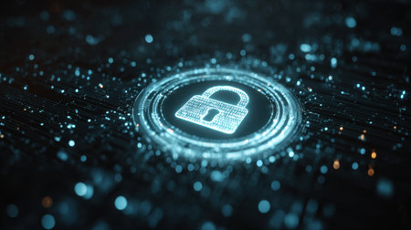 This digital illustration showcases a secure lock symbol, representing cybersecurity within a modern network. The glowing visuals highlight data protection and technological advancements in a stylized format.の素材