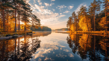 This stunning autumn landscape captures the tranquility of a calm lake reflecting vibrant trees and a colorful sky during sunset, perfect for nature lovers.の素材