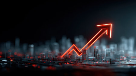 This striking image showcases a modern cityscape underscored by a vibrant red arrow symbolizing growth and upward trends in business success and innovation.の素材