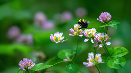 A close-up shot captures a bumblebee diligently collecting nectar from colorful wildflowers. The lush green background enhances the beauty of nature.の素材