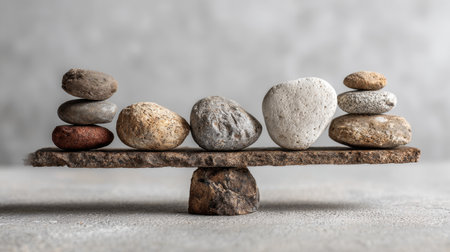 A captivating visual of balanced stones on a rustic slab, reflecting concepts of harmony, tranquility, and minimalism. Ideal for wellness themes.の素材