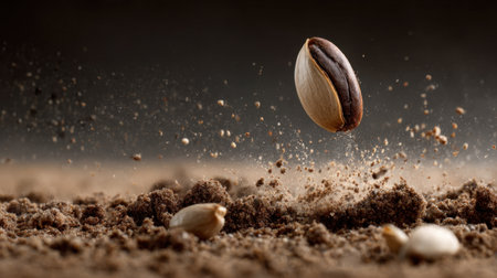 A stunning image of a single pistachio nut suspended in mid-air against a dusty background. The dramatic lighting highlights the nut's texture and surrounding particles, creating a captivating visual.の素材