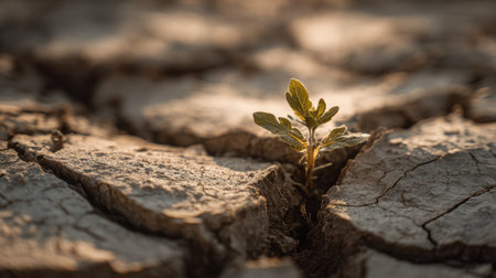 A striking image of a resilient green plant sprouting from dry, cracked earth, symbolizing hope and renewal in a challenging environment.の素材