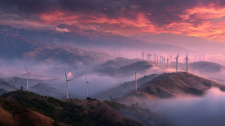 Majestic view of wind turbines on mountain ridges during a vibrant sunset, with fog rolling through valleys and a stunning sky filled with color.の素材
