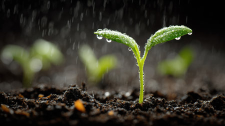 A vibrant seedling emerges from dark, rich soil, adorned with rain droplets. This image captures the essence of growth, renewal, and the beauty of nature.の素材
