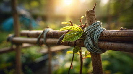 This captivating image showcases vibrant green leaves gently tied to rustic wooden supports in a blossoming garden, illuminated by warm sunset light.の素材