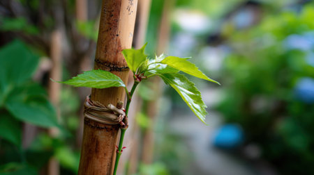 A vibrant green leaf emerges from a bamboo stake, beautifully contrasting with the soft-focused surrounding garden. This image captures the essence of nature and growth.の素材