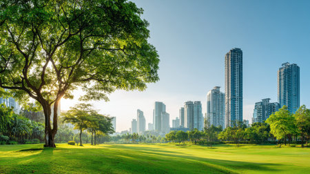 A captivating view of a lush green park set against a backdrop of modern skyscrapers, capturing the harmony between nature and urban life during sunrise.の素材