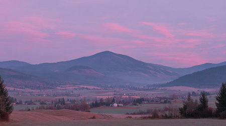 Breathtaking view of a serene countryside landscape at twilight, featuring rolling hills and majestic mountains under a pastel sky, creating a peaceful atmosphere.の素材