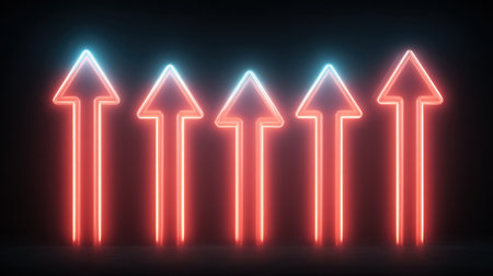 This stock photo features a series of neon arrows in vibrant red and blue colors set against a dark background, symbolizing growth and positive direction.の素材