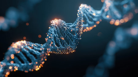 This artistic depiction illustrates a DNA double helix structure, enhanced with luminous particles and set against a dark backdrop, symbolizing life and discovery.の素材