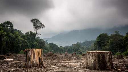 A striking image of deforestation showcasing large tree stumps in a cleared area under dark clouds. The mountainous backdrop highlights environmental changes.の素材