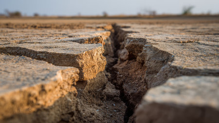 This image captures the intricate details of cracked earth in a dry landscape, illustrating the harsh realities of drought and environmental challenges.の素材