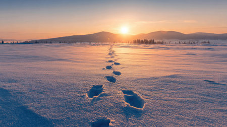 A serene winter landscape captures footprints in fresh snow leading towards a vibrant sunrise. The scene showcases tranquil mountains under a colorful sky.の素材