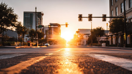A serene city street captured at sunset, showcasing dynamic traffic lights against a warm golden glow. This image highlights the beauty of urban life.の素材