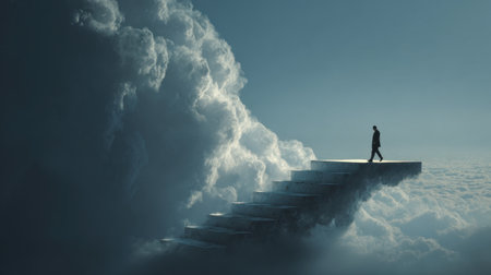 A solitary figure walks up dramatic steps that emerge from a sea of clouds, symbolizing a journey towards hope and new beginnings in a surreal landscape.の素材