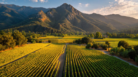 A breathtaking view of a vibrant vineyard at sunset, framed by majestic mountains and a bright blue sky, showcasing the beauty of nature and agriculture.の素材