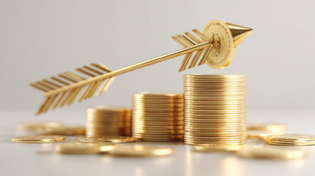 This image showcases a creative representation of financial success with gold coins stacked high and an arrow symbolizing growth positioned prominently.の素材