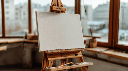 A blank canvas rests on a wooden easel in a sunlit art studio. The bright space features large windows with an urban view, inviting inspiration and creativity.の素材