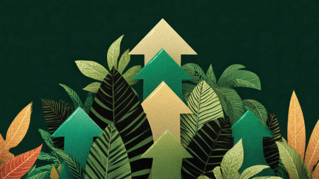 This vibrant illustration showcases green leaves and arrows symbolizing growth and sustainability. Ideal for concepts related to ecology, nature, and progress.の素材