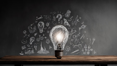 A captivating image showcasing a glowing light bulb on a wooden table, surrounded by creative sketches and illustrations on a chalkboard background, representing ideas and innovation.の素材