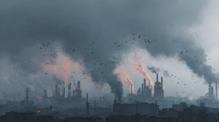 A dramatic industrial landscape features tall smokestacks releasing dark smoke into the cloudy sky, with birds flying amidst pollution and urban structures.の素材