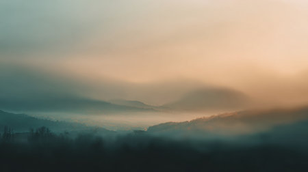 Captivating landscape showcasing rolling hills enveloped in mist, featuring soft pastel sunlight breaking through a foggy morning sky.の素材