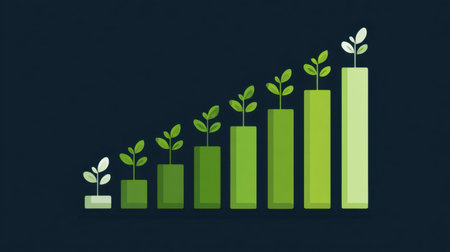 This image depicts a bar graph with green vertical bars and emerging leaves, illustrating growth, sustainability, and progress in various fields.の素材