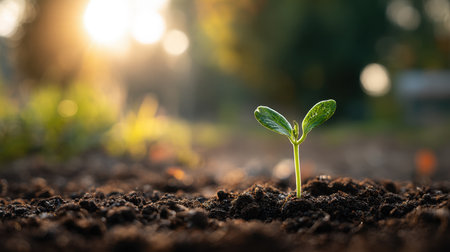 A vibrant seedling breaks through rich soil under warm sunlight, capturing the essence of growth and renewal in natureの素材