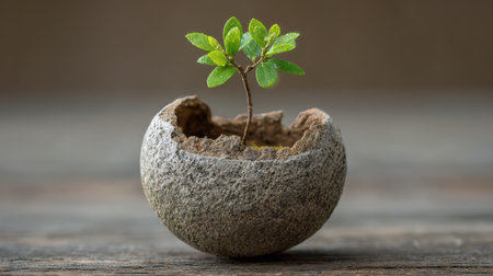 A small green plant emerges from a textured stone bowl, symbolizing growth and resilience in a natural and tranquil setting. Ideal for eco-themed projects.の素材