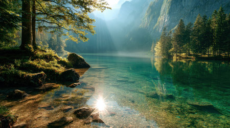 This stunning image captures a serene mountain lake surrounded by lush greenery. Vibrant sunlight filters through trees, creating a tranquil atmosphere.の素材