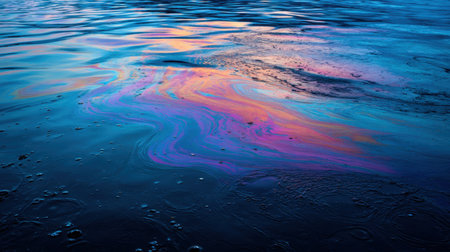 A stunning scene capturing the iridescent reflections on a water surface during dusk, showcasing vibrant colors and serene waves, creating tranquility.の素材